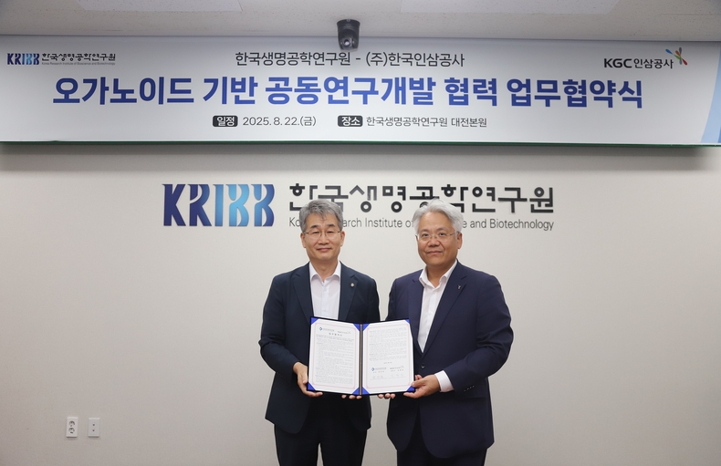 오가노이드(Organoid) 기반 공동 기술 개발을 비롯한 상호 발전을 위한 업무협약(MOU)식. (사진=KGC인삼공사 제공)