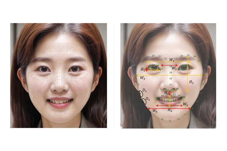 안면 특징점 추출 기술 적용 예시(왼쪽), 얼굴 부위별 6가지 노화 지표 정의 예시(오른쪽). (사진=LG생활건강 제공)